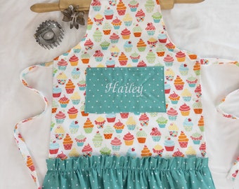 Personalized and Ruffled Cupcakes on White Child Apron with Turquoise Dot Pocket - made to order
