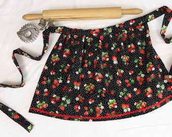 Retro Strawberries and Dots Ruffled Adult Apron - ready to ship