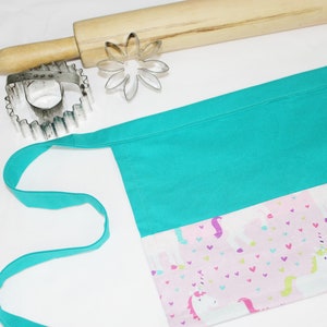 Unicorns on Pink Child Apron - with teal background - ready to ship
