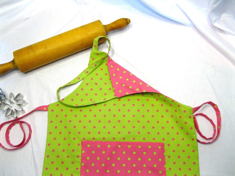 Hot Pink N Neon Green Polka Dot ready to ship Reversible Child Apron