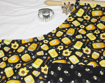 Plus Size Honey Jars, Bees and Sunflowers Apron with Bee Pocket - ready to ship