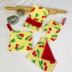 Retro Yellow Cherries Toy Kitchen Accessories for pretend play in toddler kitchens - potholder, oven mitts, toy towel etc