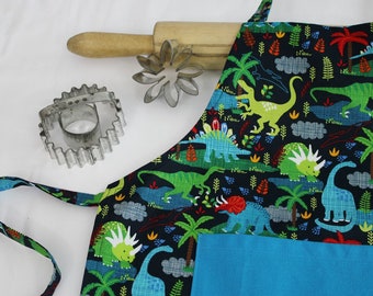 Dinosaurs on Navy Child Apron with Teal Pocket - ready to ship