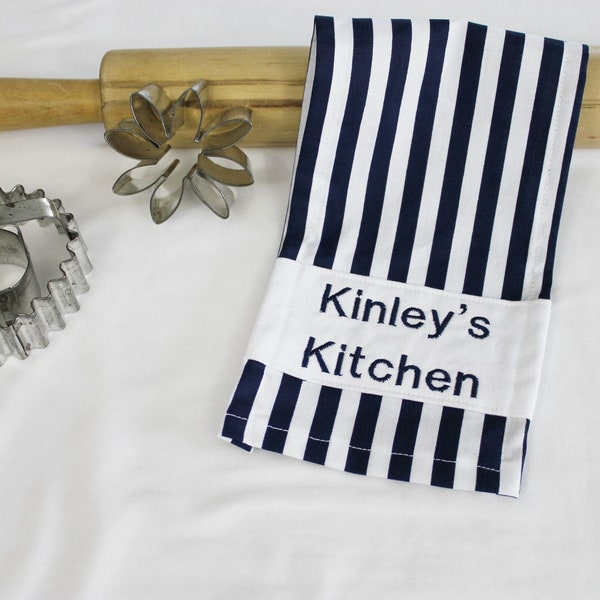Personalized Navy Blue Striped Child Size Toy Dish Towel for pretend play - custom embroidered, can also be grey, aqua, black, red or pink