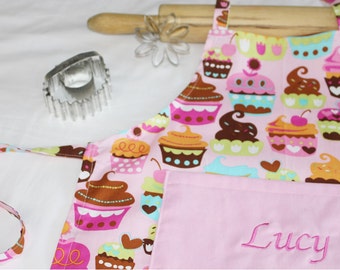 Personalized Pink Sweet Cupcakes Child Apron with light pink pocket - made to order