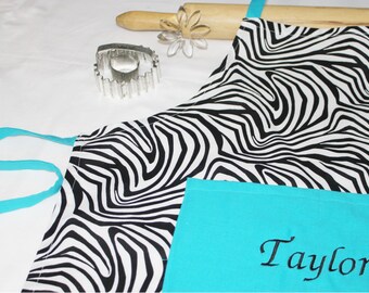 Personalized Zebra and Turquoise Youth Apron - made to order