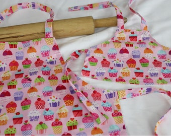 Gourmet Pink Cupcakes Doll and Child Matching Apron Set - ready to ship