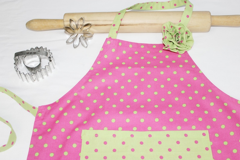 Hot Pink and Neon Green Polka Dot Child Apron with Coordinating Fabric Rose Pin ready to ship