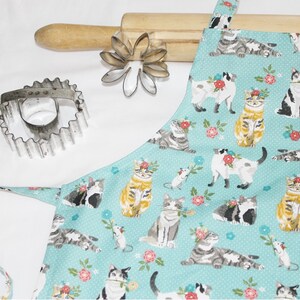 Kitty Cats, Flowers and Mice on Turquoise Child Apron - ready to ship