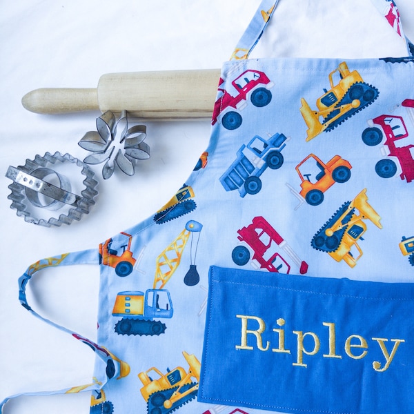 Personalized Construction Trucks on Blue Child Apron - your choice of pocket color - made to order