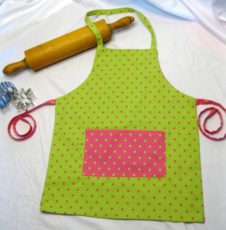 Hot Pink N Neon Green Polka Dot ready to ship Reversible Child Apron