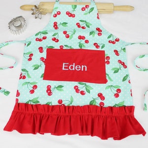 Personalized Retro Cherries on Aqua Ruffled Child Apron - with red pocket and ruffle - made to order