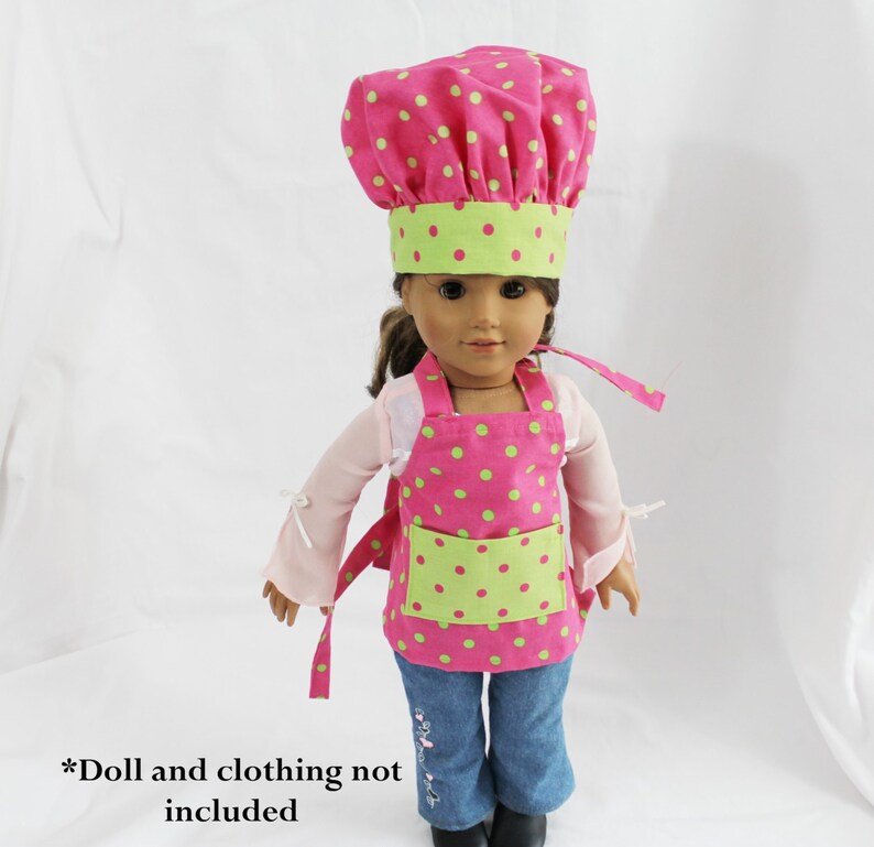 Hot Pink and Neon Green Polka Dot Doll Size Apron and Chef Hat ready to ship image 1