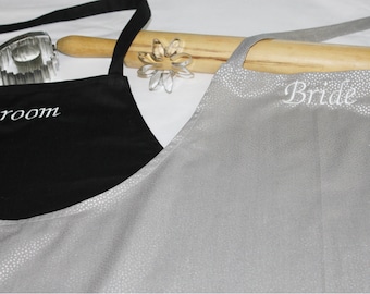 Bride & Groom Apron Set - Silver Dots - made to order