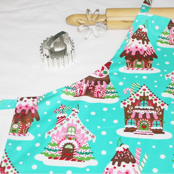 Gingerbread House Adult Apron - aqua - ready to ship