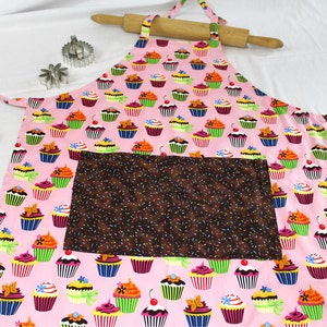 Retro Pink Cupcake Adult Apron with sprinkles pocket ready to ship image 2