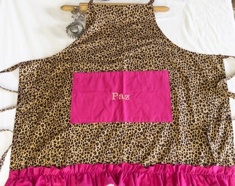 Personalized and Ruffled Plus Size Wild Cheetah Apron - hot pink accents - made to order