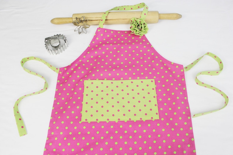 Hot Pink and Neon Green Polka Dot Child Apron with Coordinating Fabric Rose Pin ready to ship
