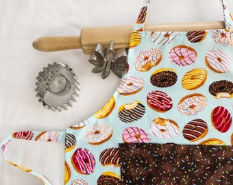 Child Apron - Donuts on Blue with brown sprinkles pocket - ready to ship