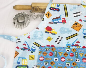 Child Apron - Trucks at Work with Road Sign Pocket - ready to ship
