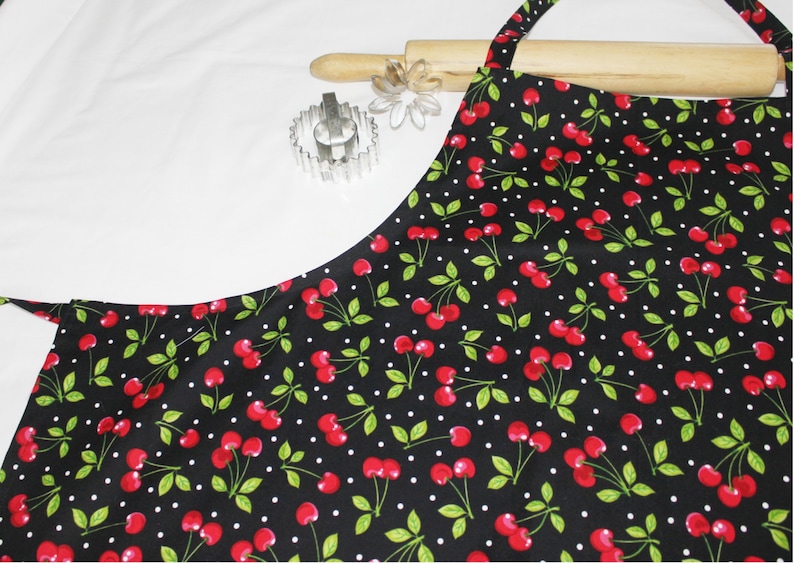 Plus Size Cherries on Black Apron ready to ship image 2