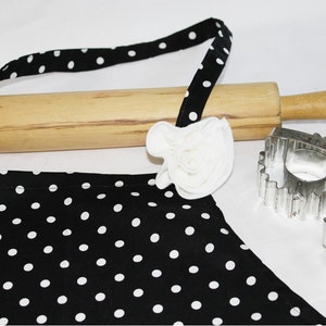 Black n White Polka Dot Adult Apron with Rose Pin ready to ship image 1