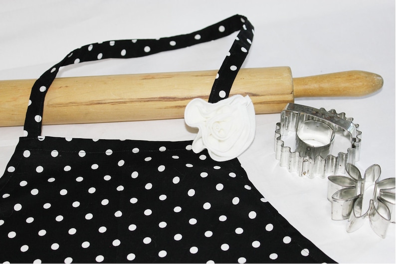 Black n White Polka Dot Adult Apron with Rose Pin ready to ship image 1