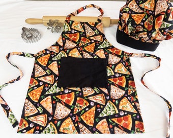 Pizza Themed Child Apron and Adjustable Chef Hat - black pocket and hat band - ready to ship