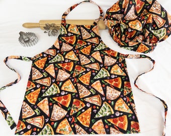 Pizza Themed Child Apron and Adjustable Chef Hat - ready to ship