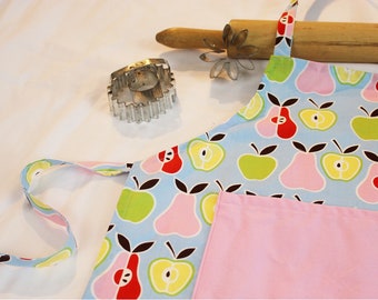 Retro Apples N Pears Child Apron with pink pocket - ready to ship