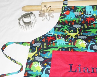 Personalized Dinosaurs on Navy Child Apron with red pocket - made to order