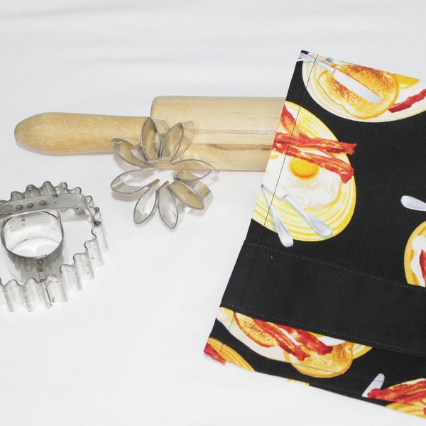Bacon, Eggs and Toast Child Size Toy Dish Towel for pretend play - with black accent stripe - ready to ship