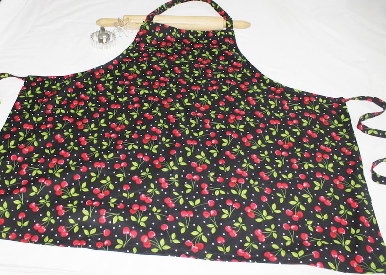 Plus Size Cherries on Black Apron ready to ship image 3