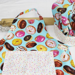 Donuts on Blue Child Apron and Adjustable Chef Hat with White Sprinkles Accents - ready to ship