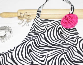 Zebra Child Apron with Hot Pink Fabric Rose Pin - ready to ship