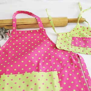 Child and Doll Apron Set - Hot Pink & Lime Green Polka Dots - ready to ship