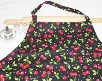 Plus Size Cherries on Black Apron - ready to ship