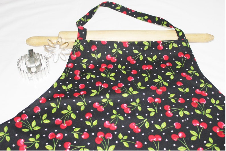 Plus Size Cherries on Black Apron ready to ship image 1