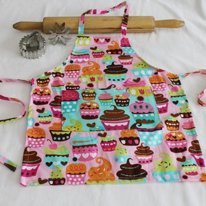 Sweet Cupcakes Child Apron and Adjustable Chef Hat pink with teal pocket ready to ship image 4