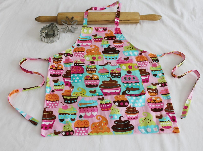 Sweet Cupcakes Child Apron and Adjustable Chef Hat pink with teal pocket ready to ship image 4