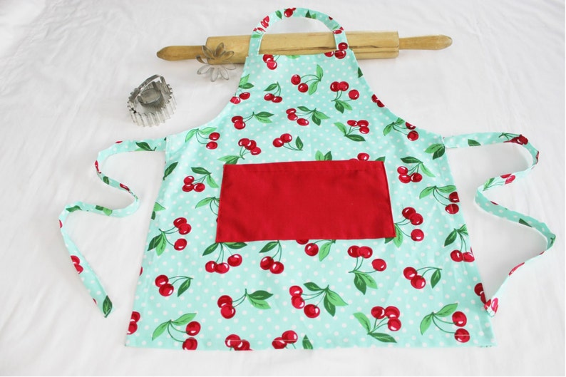 ready to ship Retro Cherries on Aqua Child Apron with red pocket