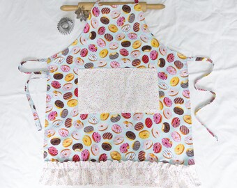 Adult Apron - Donuts on Blue with white sprinkles pocket and ruffle - made to order