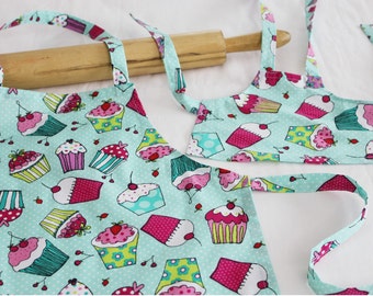 Aqua Cupcakes Doll and Child Matching Apron Set - ready to ship