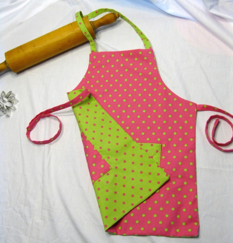 Hot Pink N Neon Green Polka Dot ready to ship Reversible Child Apron