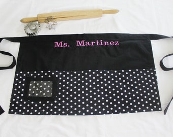 Custom Teacher Adult Apron Personalized and with ID holder and pockets  - black and white dot or custom made with your choice of fabric