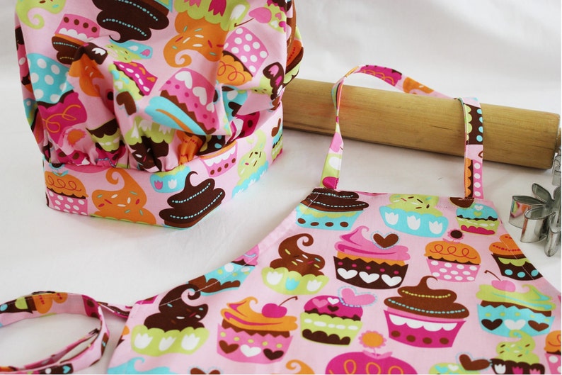 Sweet Cupcakes Child Apron and Adjustable Chef Hat ready to ship pink