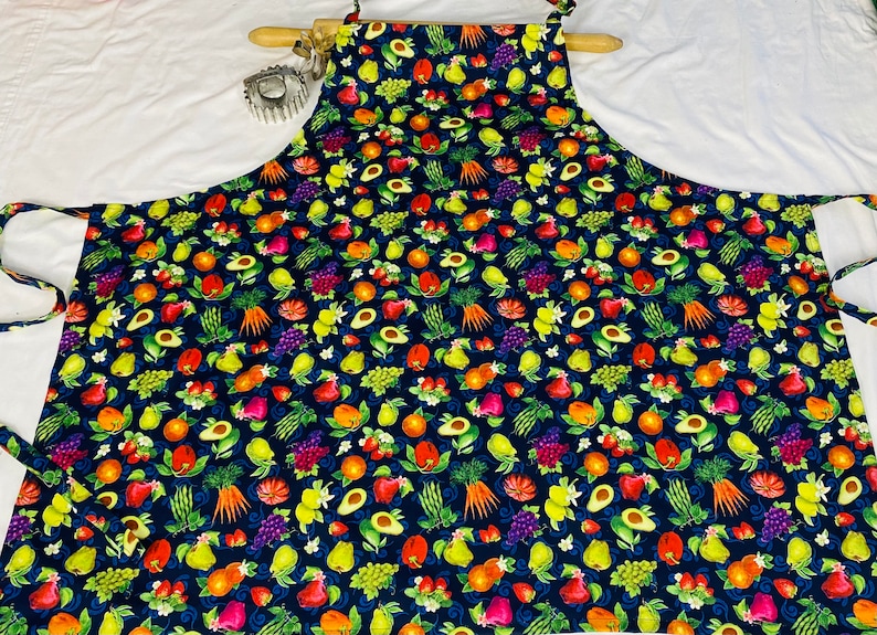 Plus Size Vegetables and Fruits on Navy Apron ready to ship image 2