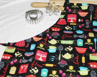 Retro Kitchen Dishes and Fruit on Black Adult Apron - ready to ship