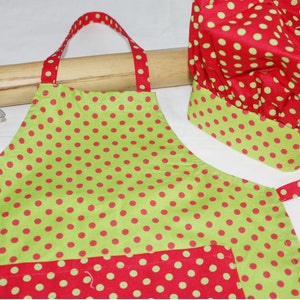 Christmas Dots Child Apron and Adjustable Chef Hat - Green & Red - ready to ship