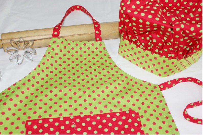 Green /& Red Christmas Dots Child Apron and Adjustable Chef Hat ready to ship